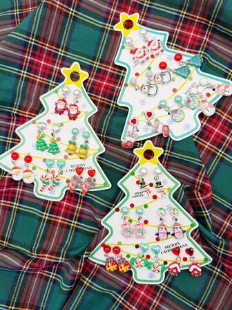12pcs/Set Christmas Series Pendant Clip-On Earrings, Atmosphere Decor, Gift For Girls