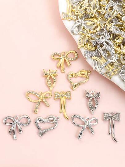 10个/包 优雅/可爱/甜美蝴蝶结吊坠，镶嵌闪亮水钻，用途广泛，可用于项链、耳环、手链、钥匙扣DIY，5种款式镂空蝴蝶结金属饰品 - 时尚日常配饰