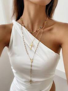 3/5pcs Set Layered Cross, Tassel, Beaded Necklace Jewelry Set, Unique Round Bead & Snake Chain Necklace Accessories, Suitable For Holidays Gift And Daily Matching