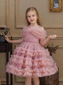 女童亮片装饰网纱露肩吊带裙，优雅圣诞派对蛋糕裙，公主裙，适合女孩生日派对、舞会、婚礼花童、复活节、毕业典礼等场合 - 粉色 - 查看 9