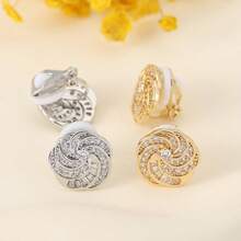 Fashion Simple Ear Clip Earrings, Youthful And Beautiful Exquisite Copper Swirl Flower Inlaid With Small Diamonds Design Ear Clip Earrings.Women's Daily Wear Earrings Accessories - 銀色 - 查看 3