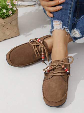 Women's Solid Color Metal Eyelet Flat Loafers, Casual Lace-Up Outdoor Shoes, Comfortable Low-Top Shoes