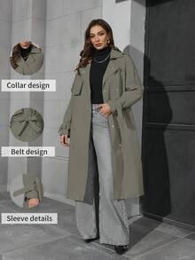 女士长款轻薄风衣，配腰带 - 时尚百搭的通勤外套，适合春秋季穿着，休闲时尚的外衣 - 綠色 - 查看 2