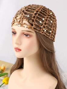 1 件女士时尚镂空钩针亮片帽，适合日常佩戴 - 直條套頭帽 - 查看 15