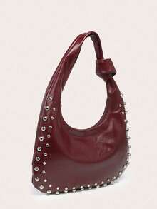 1pc Crescent-Shaped PU Leather Shoulder Bag For Women, Large Capacity, Rivet Decor, Retro Style, Suitable For Commuting And Outings, Wine Red