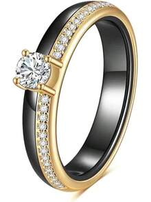6mm White/Black Ceramic Rings Plus Cubic Zirconia For Women Comfort Fit Engagement Wedding Band Size 5-122025 - 4mm Black+Gold - View 12