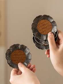 1pc Retro Alloy Rattan Cup Mat, Tea Coaster Heat Insulation Pad, High-End Anti-Slip Anti-Scald Tea Accessories, Suitable For Home, Tea House And Other Occasions - Multicolor - View 2