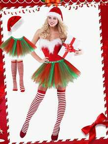 3 件套圣诞派对帽、芭蕾舞裙、红白及膝袜、圣诞角色扮演派对女性成人服装套装 - 綠色 - 查看 4