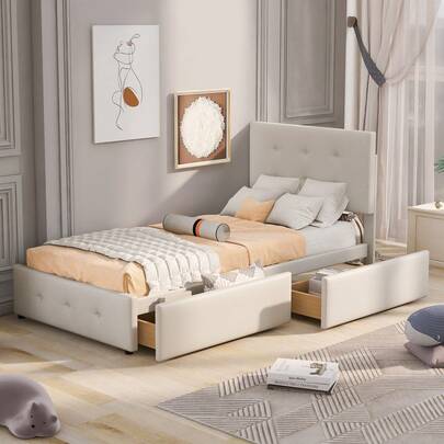 Upholstered Bed 90 X 200 Cm With Slatted Base, Backrest And Two Drawers, Skin-Friendly Velvet Fabric Beige Flat Single Bed Children's Bed Youth Bed Guest Bed (Without Mattress)