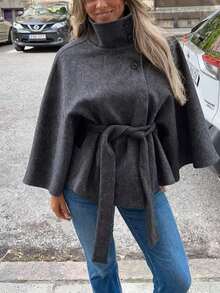 Women's Fashionable Grey Woven Cape Jacket With Button Details And Waist Belt, Flared Hem, Wrist-Length Sleeves, Regular Length Coat - Grey - View 3