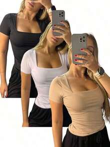 Kit Of 3 Basic Suplex Blouses, Square Neckline, Short Sleeve, Lined - Đen, Be, Trắng - Xem 3