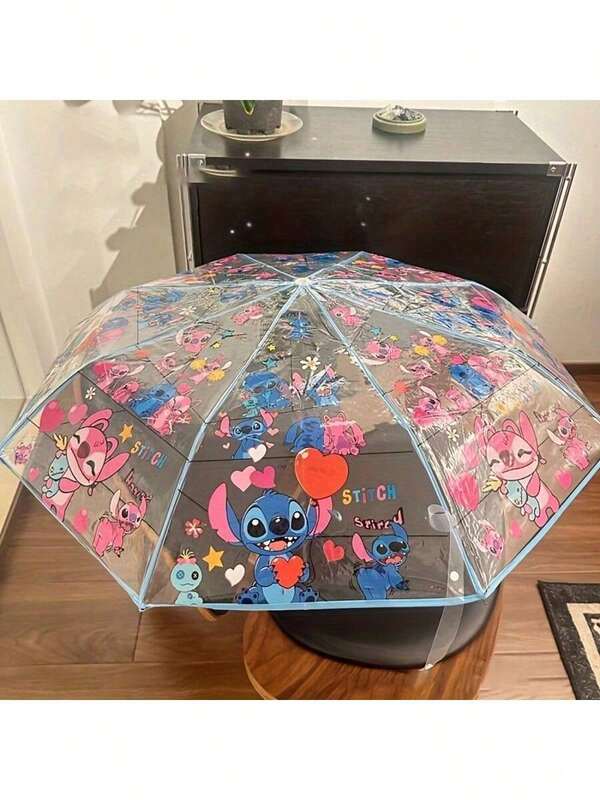 مظلة شفافة من ستيتش ديزني قطعة واحدة - سهلة الطي والتقليص، إطار حديدي متين 8 أضلاع، مادة PVC شفافة، يدوي، استخدام مزدوج للظل والمطر، مناسبة للخروجات العادية، هدايا عيد الميلاد، هدايا رأس السنة، هدايا عيد الحب، مظلة محمولة