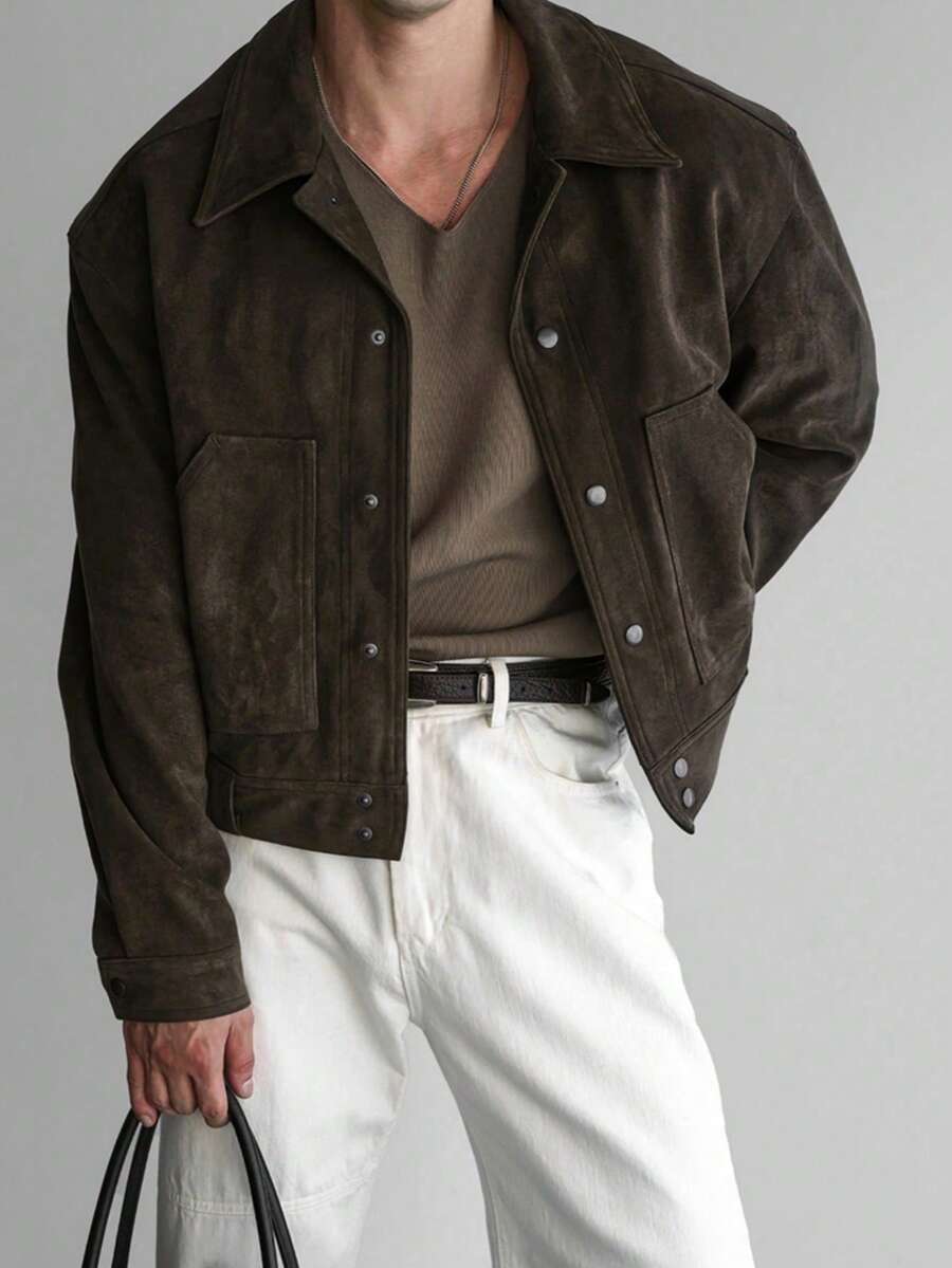 Maillard Vintage Brown Lightweight Utility Jacket For Men, Casual Suede-Like Bomber Jacket For Spring, Autumn & Winter - Mocha Brown - View 1