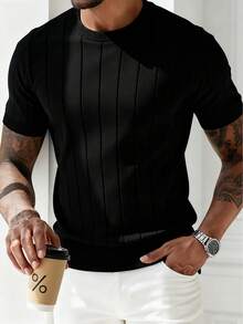 GRDR Suéter de punto de cuello redondo de manga corta acanalado para hombre de verano - Negro - Ver 2