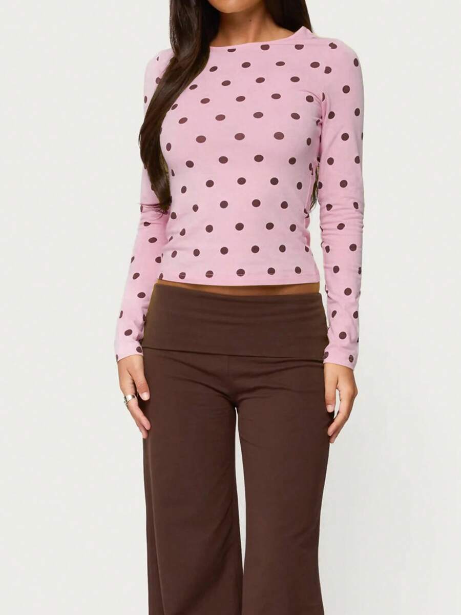 Womens Y2k Polka Dot T-Shirt Long Sleeve Crew Neck Tops Cute Polka Dot Graphic Slim Fit Tee Streetwear - Hồng - Xem 1