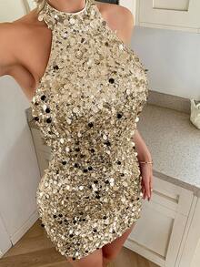 Unadoll 女士春季性感无袖露肩亮片连衣裙，适合鸡尾酒会、音乐节、派对、出席活动、生日、情人节等场合穿着。