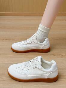 Women's Fashion Casual Sneakers - Breathable & Comfortable, Low-Top Lace-Up Running Shoes With Striped Design, Versatile For All Seasons, Available In White/Green, Light Pink/Blue, Black/White, And Dark Blue/Blackbasket Femmechaussure Femmebaskets Femmes - Beige - View 2