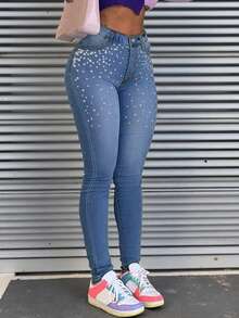Women's Elegant Pearl Embellished Denim Skinny Jeans Long Length Slim Fit With Medium Stretch For Party And Sexy Style - 藍色 - 查看 1