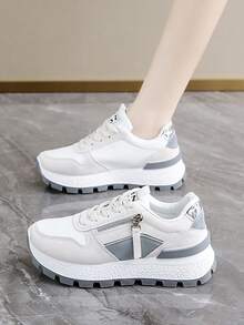 Net Surface Leather Upper Patchwork Dad ShoesWomen's Fashion Casual Sneakers - Breathable & Comfortable, Low-Top Lace-Up Running Shoes With Striped Design, Versatile For All Seasons, Available In White/Green, Light Pink/Blue, Black/White, And Dark Blue/Blackbasket Femmechaussure Femmebaskets Femmes - Grey - View 8