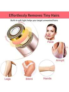 Épilateur facial indolore pour femmes - Appareil électrique avec tête à double anneau pour éliminer les poils follets sur le visage et les lèvres, lumière LED, plaqué or 18 carats, design compact et petit