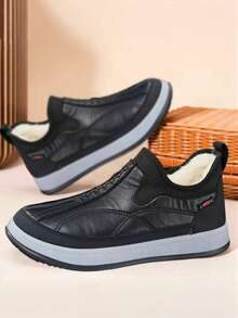 Men's Winter Slip-On Casual Sports Shoes, Patchwork Leather Upper, Plush Lining For Warmth And Comfort, Flat Rubber Outsole For Comfort And Durability, Running Shoes In Plus Size, Suitable For Daily Wear, Commuting, Outings, Shopping, Home, Office, And Gifting In Winter Season