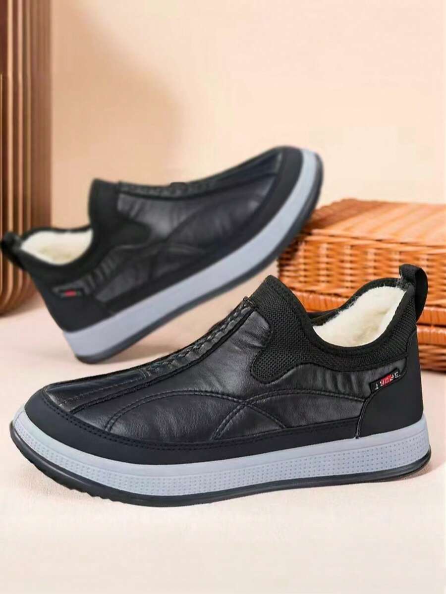 Men's Winter Slip-On Casual Sports Shoes, Patchwork Leather Upper, Plush Lining For Warmth And Comfort, Flat Rubber Outsole For Comfort And Durability, Running Shoes In Plus Size, Suitable For Daily Wear, Commuting, Outings, Shopping, Home, Office, And Gifting In Winter Season