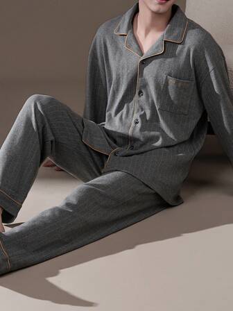 男士休闲宽松条纹睡衣套装（两件套），透气吸湿长袖上衣和长裤，春/秋/冬款