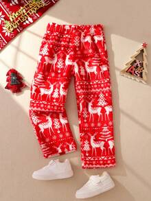 男童休闲法兰绒羊毛裤，带有圣诞驯鹿和松树印花，适合春季、秋季和冬季 - 紅色 - 查看 1