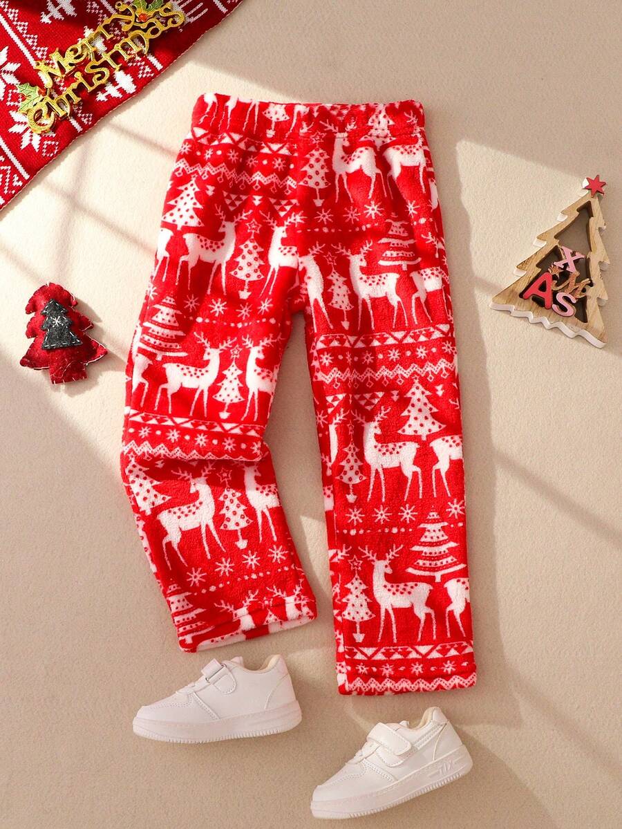 男童休闲法兰绒羊毛裤，带有圣诞驯鹿和松树印花，适合春季、秋季和冬季 - 紅色 - 查看 1