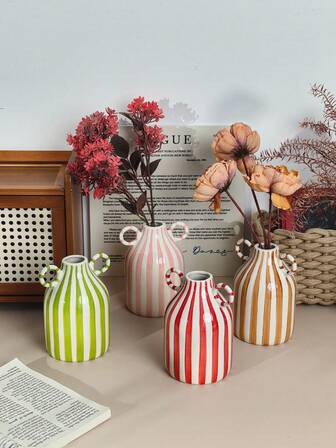 1 件条纹陶瓷花瓶，双手柄，宽肚造型，适用于水培、花卉装饰、家居和酒店、卧室