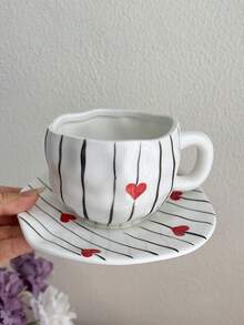 1 Juego de taza y platillo con patrón asimétrico de línea de corazón, taza de café y platillo, taza para arte de latte, taza de té de la tarde, taza vintage de avena y leche para el desayuno, regalo para fiestas, regalo de cumpleaños
