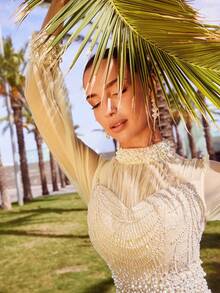 Faeriesty Haute Glamour Luxury Sequin Mermaid Evening Gown With Sheer Long-Sleeve Top & Cascading Pearl & Crystal Embellishments - Beaded Waist & High Neckline Design For Galas, Destination Weddings, Met Gala, & High-End Parties