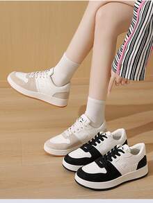 Net Surface Leather Upper Patchwork Dad ShoesWomen's Fashion Casual Sneakers - Breathable & Comfortable, Low-Top Lace-Up Running Shoes With Striped Design, Versatile For All Seasons, Available In White/Green, Light Pink/Blue, Black/White, And Dark Blue/Blackbasket Femmechaussure Femmebaskets Femmes - Khaki - View 1