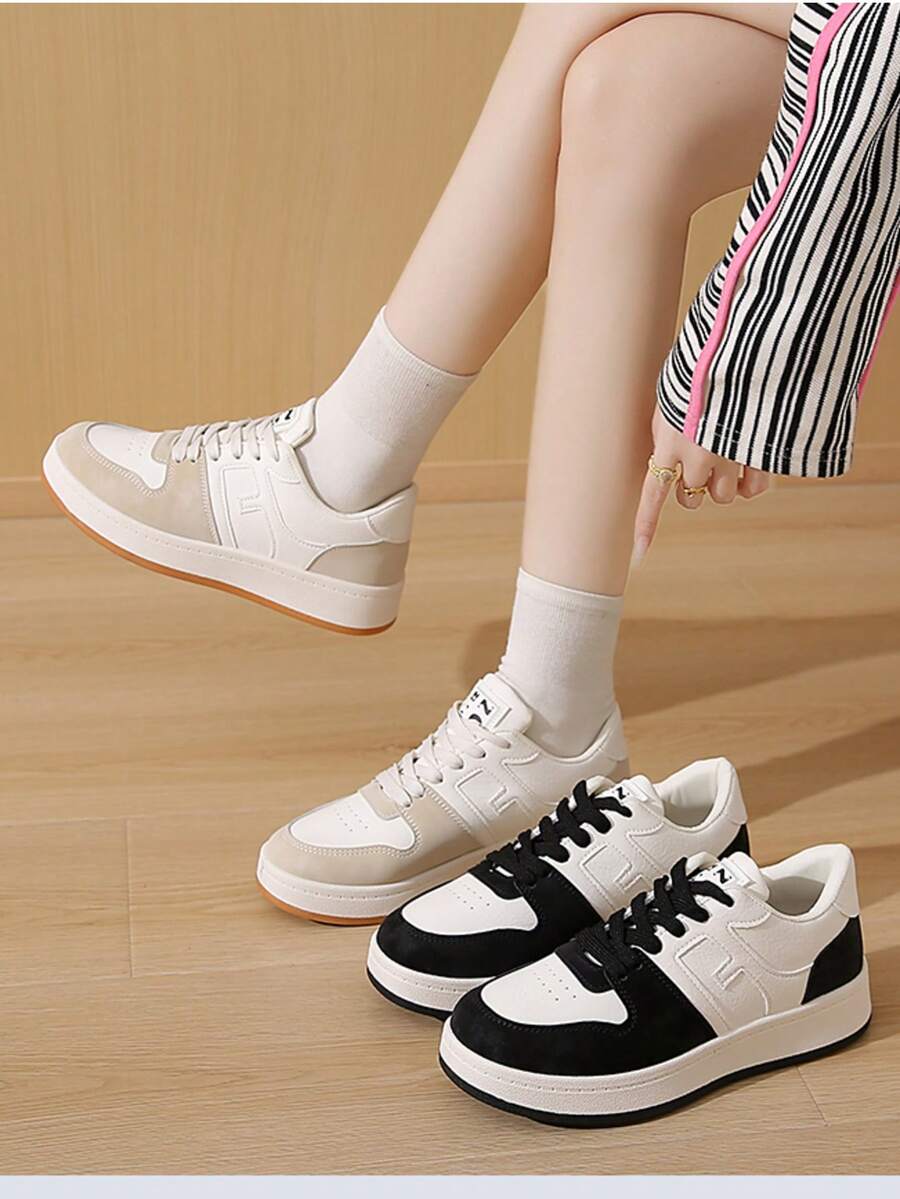 Net Surface Leather Upper Patchwork Dad ShoesWomen's Fashion Casual Sneakers - Breathable & Comfortable, Low-Top Lace-Up Running Shoes With Striped Design, Versatile For All Seasons, Available In White/Green, Light Pink/Blue, Black/White, And Dark Blue/Blackbasket Femmechaussure Femmebaskets Femmes - Khaki - View 1