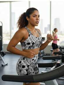 Shorts And Top Sets Gym Clothes Fit Shorts Women's Gym Fashion Workout Printed - Đen và trắng - Xem 2