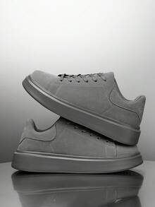 Men's Classic Solid Color Patchwork Lace-Up Casual Sneakers, Niche Fashion Letter Pattern Comfortable Elevator Shoes, Couple Shoes - Grey - View 3