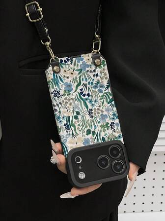 1 curea crossbody reglabilă din piele PU + 1 husă de telefon moale cu model floral cu dungi verticale, potrivită ca și cadou de ziua de naștere sau de sărbători pentru prieteni, familie, cupluri, compatibilă cu modelele 17/11/12/13/14/15/16 Pro Max/16e/16 Plus/17 Pro/17 Pro Max/16 Pro/16