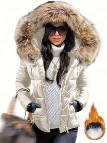 Women's Fashion Glossy Fluffy Collar Hooded Zip-Up Winter Jacket - Pearl White - View 2