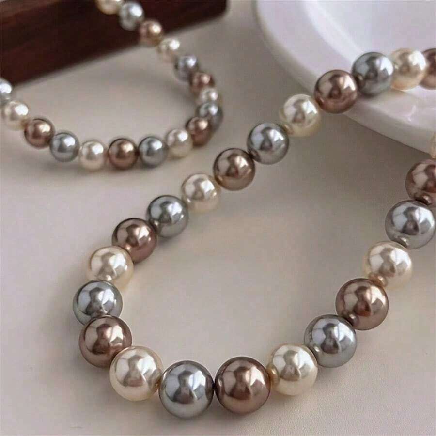1pc Elegant Freshwater Pearl Necklace - Mixed Candy Color, Luxury Women's Clavicle Chain, Suitable For Daily Wear And Gifting - Grey - 查看 1