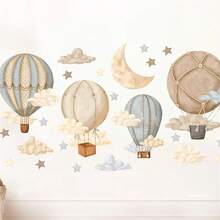 1pc Bohemian Style Cartoon Hot Air Balloon, Star And Moon Wall Sticker - Self-Adhesive PVC Decal, Suitable For Bedroom, Game Room, Nursery, Baby Shower Party