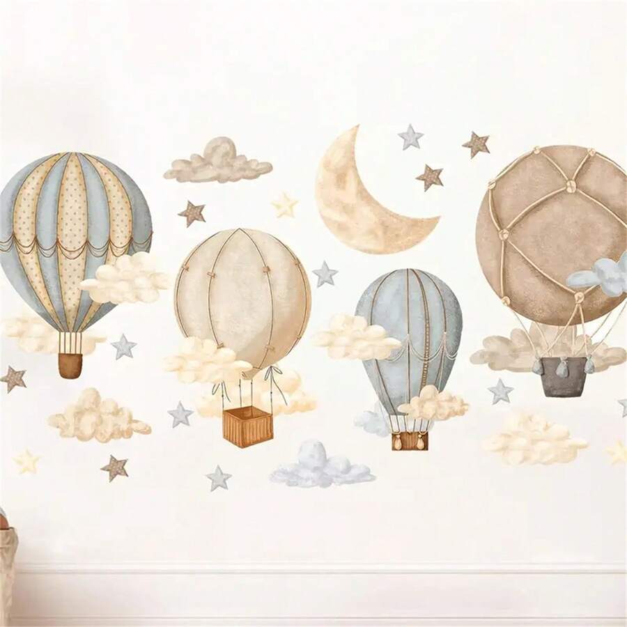 1pc Bohemian Style Cartoon Hot Air Balloon, Star And Moon Wall Sticker - Self-Adhesive PVC Decal, Suitable For Bedroom, Game Room, Nursery, Baby Shower Party