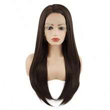 Meiyite Hair Straight Long 24inch Two Tone Dark Brown Mix Half Hand Tied Heat Resistant Synthetic Lace Front Wigs - como en la foto - Ver 1