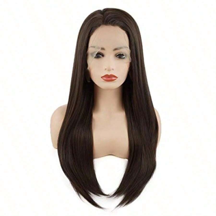 Meiyite Hair Straight Long 24inch Two Tone Dark Brown Mix Half Hand Tied Heat Resistant Synthetic Lace Front Wigs - como en la foto - Ver 1