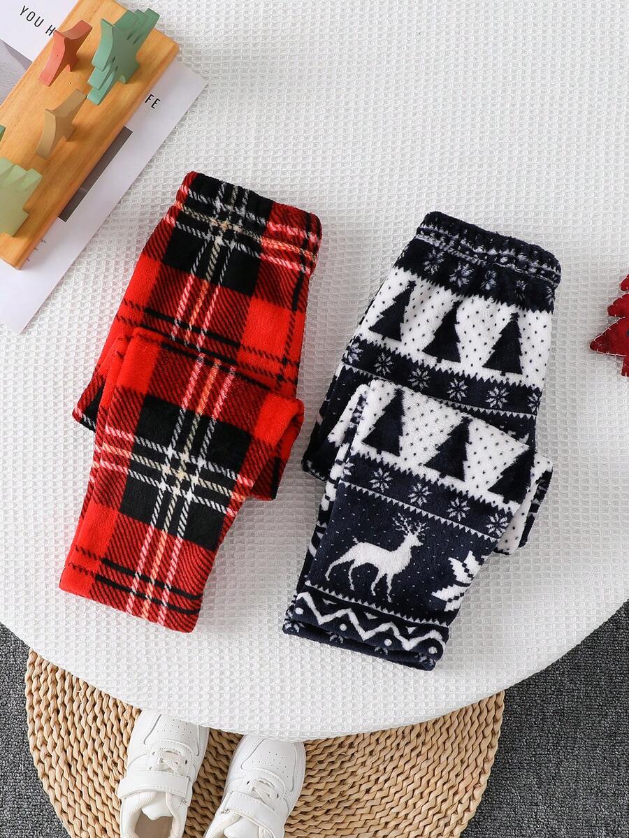 2pcs/Set Young Boys' Casual Flannel Christmas Print Thermal Lined Pants, Suitable For Spring, Autumn & Winter - Multicolor - View 1