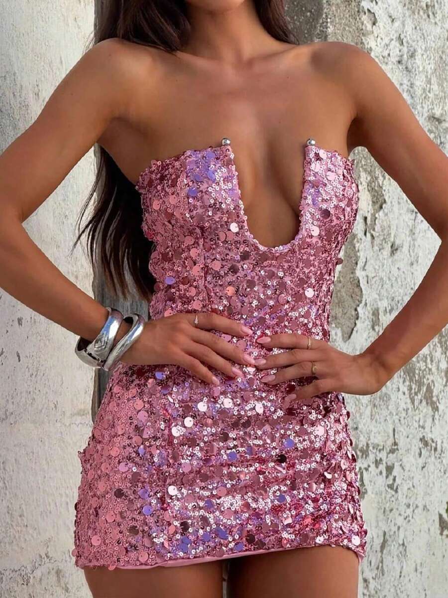 Women Sequin Strapless Dress Y2K Sparkly Off The Shoulder Tube Mini Dresses Bodycon Party Club Streetwear - Hồng - Xem 1