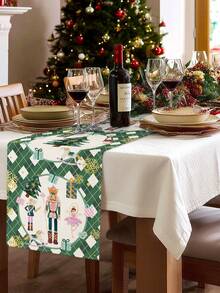 Caminho de mesa de linho natalino, 1 peça/15 peças, caminho de mesa verde com estampa de quebra-nozes e princesa, Feliz Natal, adequado para casa, restaurante, decoração de mesa de jantar