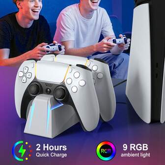 小巧又省空间！P5 控制器双充电底座，2 小时快速充电，RGB 灯光效果，桌面收纳盒，P5 充电站