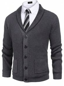 Suéter de Hombre de Punto de Cable con Detalle de Botones y Bolsillos - Gris Oscuro - Ver 12