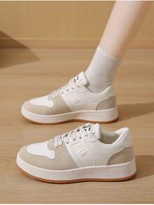 Net Surface Leather Upper Patchwork Dad ShoesWomen's Fashion Casual Sneakers - Breathable & Comfortable, Low-Top Lace-Up Running Shoes With Striped Design, Versatile For All Seasons, Available In White/Green, Light Pink/Blue, Black/White, And Dark Blue/Blackbasket Femmechaussure Femmebaskets Femmes - Khaki - View 9