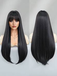 NICKY WALL 28Inch Extra Long Straight Black Wigs For Women Elegant Nature Looking Wigs With Full Bangs,High Density Fluffy Synthetic Heat Resistant Fiber Hair,For Beginners Glueless Daliy Party Use - 黑色 - 查看 5